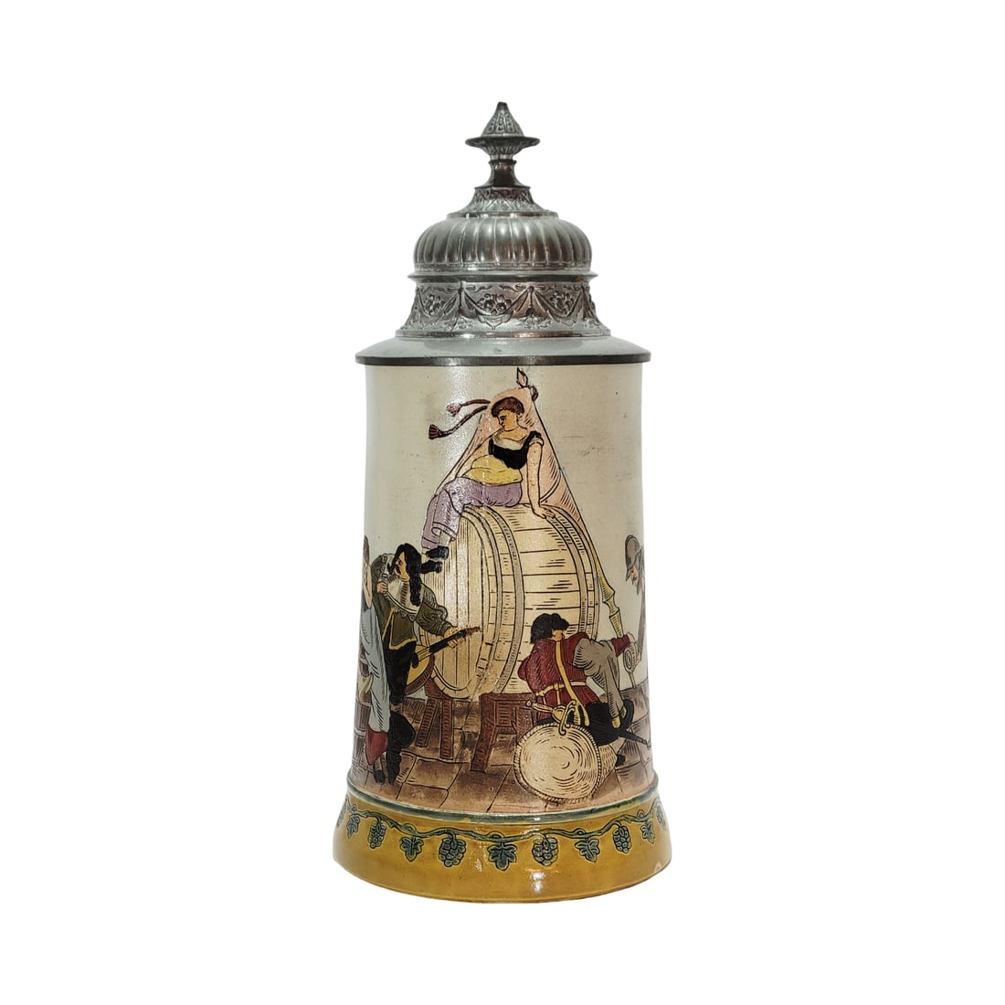 Hauber & Reuther #404, German Beer Stein, People with Large Keg: 1/2 Liter pottery etched, in full color with nice pewter lid, circa 1890's