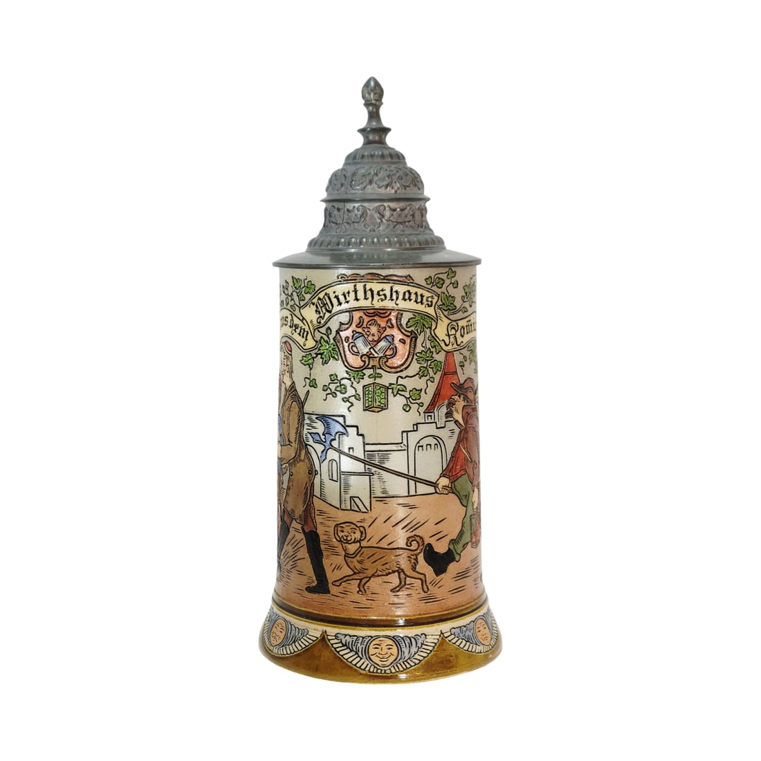 Hauber & Reuther #420, German Beer Stein, Drunken Students and Night Watchman: 1/2 Liter pottery etched, in full color with nice pewter lid, Text - I have just come out of the tavern, circa 1890's