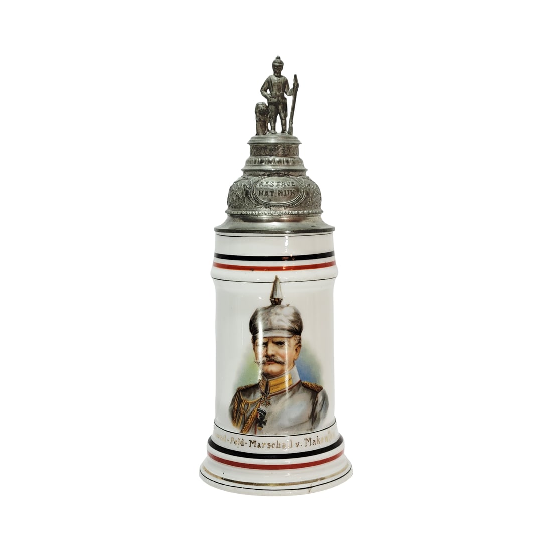Porcelain Stein, German Portrait Beer Stein, General Feld Marshall v. Mackensen: 1/2 Liter porcelain hand painted portrait with pewter lid and lithophane, This undefeated General was on the Eastern Front in WW1 was known as the Last Hussar, circa early 1900's