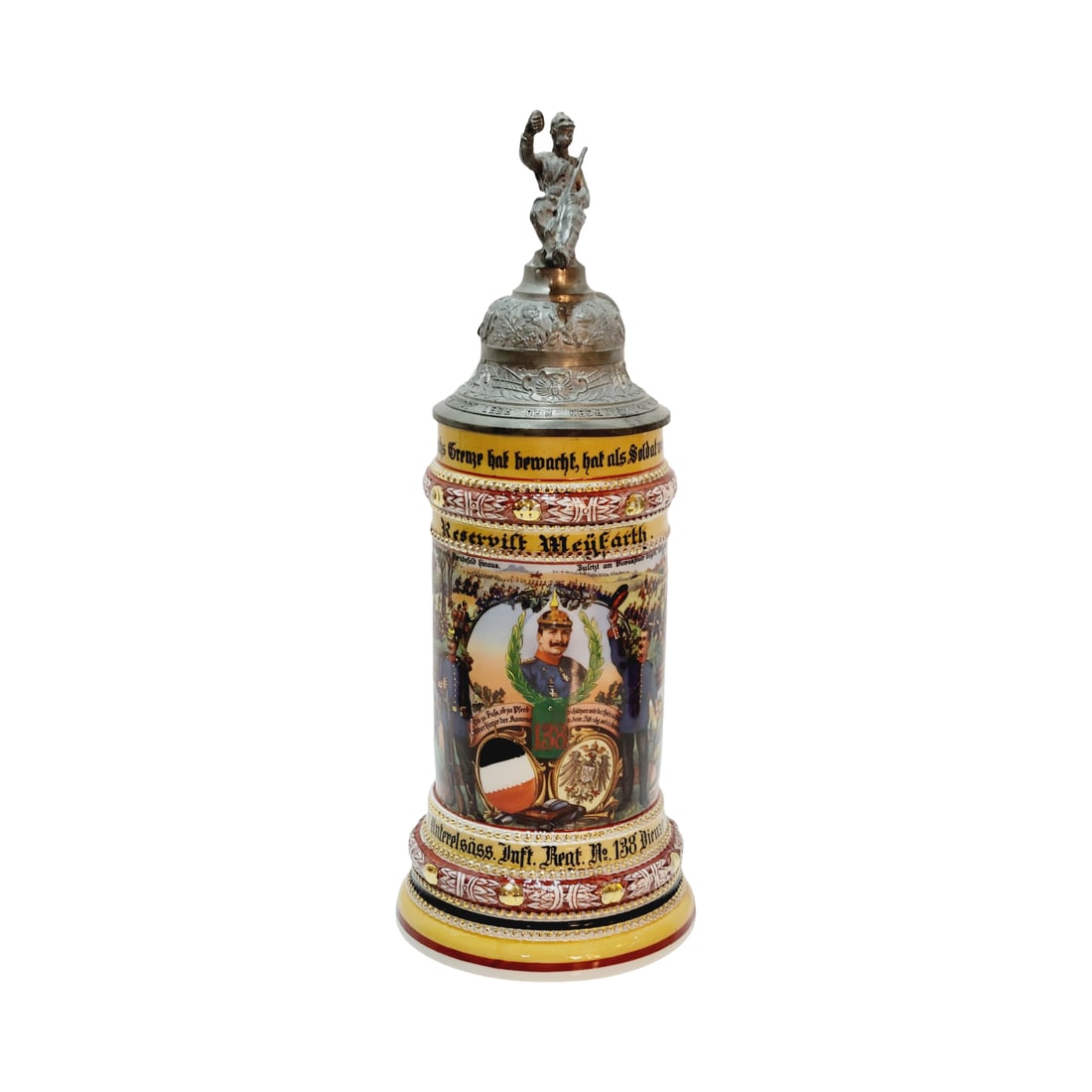 Porcelain Stein, German Regimental Beer Stein, 7. Comp. 3 Unterelsass. Inft. Regt.No. 138 Dieze.: 1/2 Liter porcelain hand enameled with 5 panels, full roster, nice pewter lid and lithophane, Owner Reservist Meufarth, circa 1913