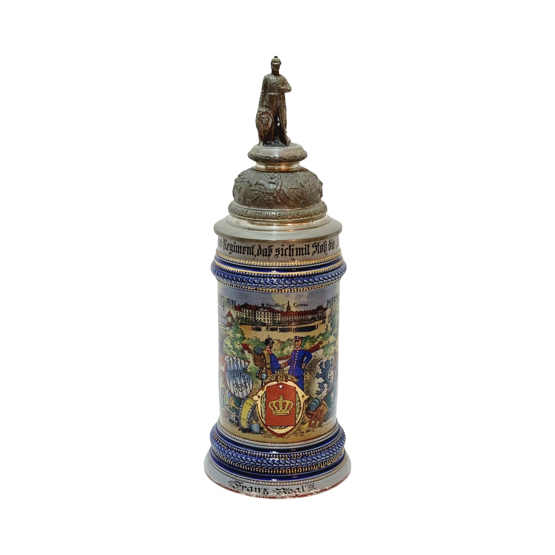 Marzi & Remy Stein, German Regimental Beer Stein, Kgl. Inf. Leib - Rgt. 7. Komp. 1907 - 1909 Munchen: 1/2 Liter stoneware hand embellished transfer, 5 panels, full roster with very nice pewter lid, Owner Franz Vogl, circa 1909