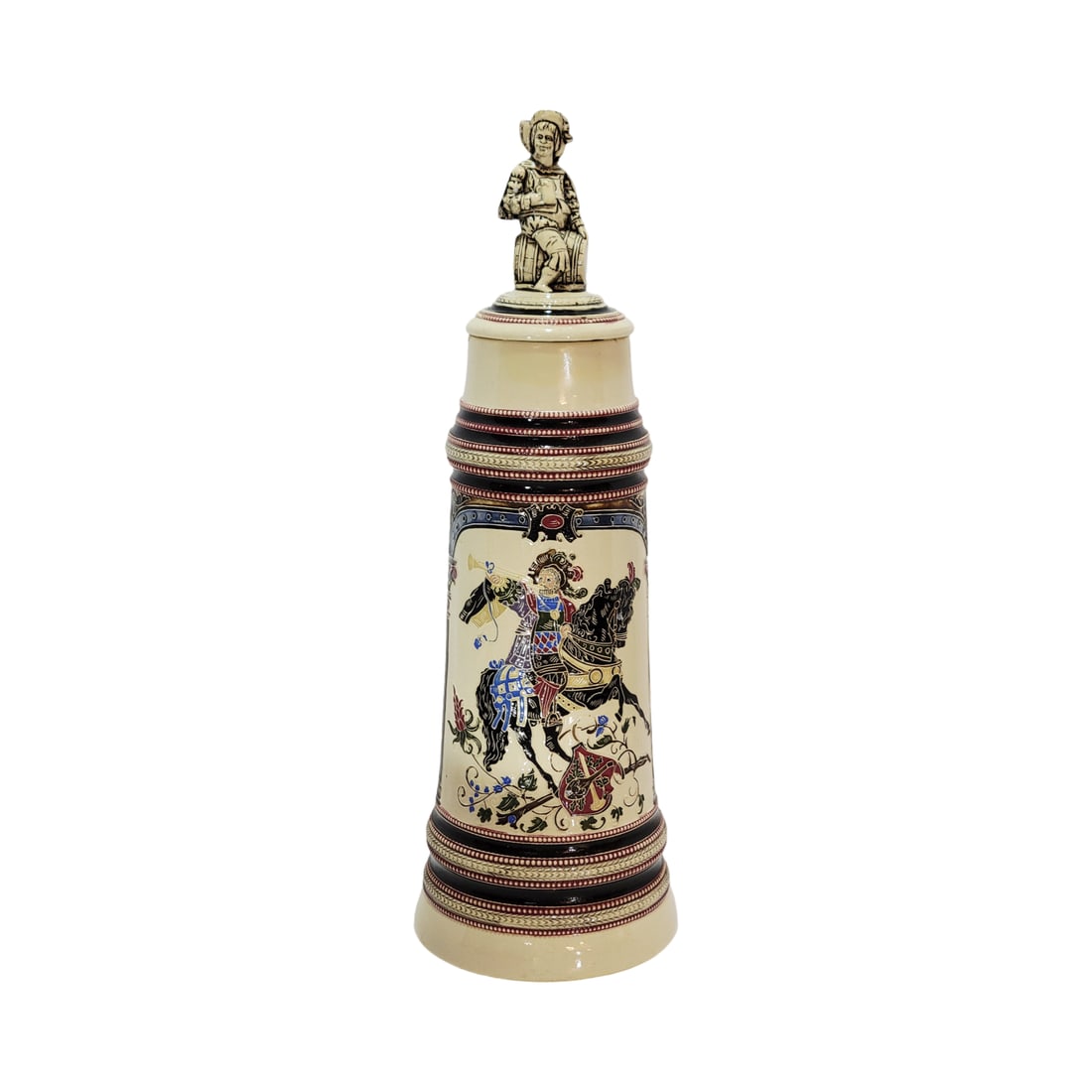 Adolf Diesinger #1497, German Beer Stein, Trumpeter on Horseback: 2.0 Liter pottery in full color, glazed threaded relief with nice Landsknecht set on lid, this is an uncommon stein, circa early 1900