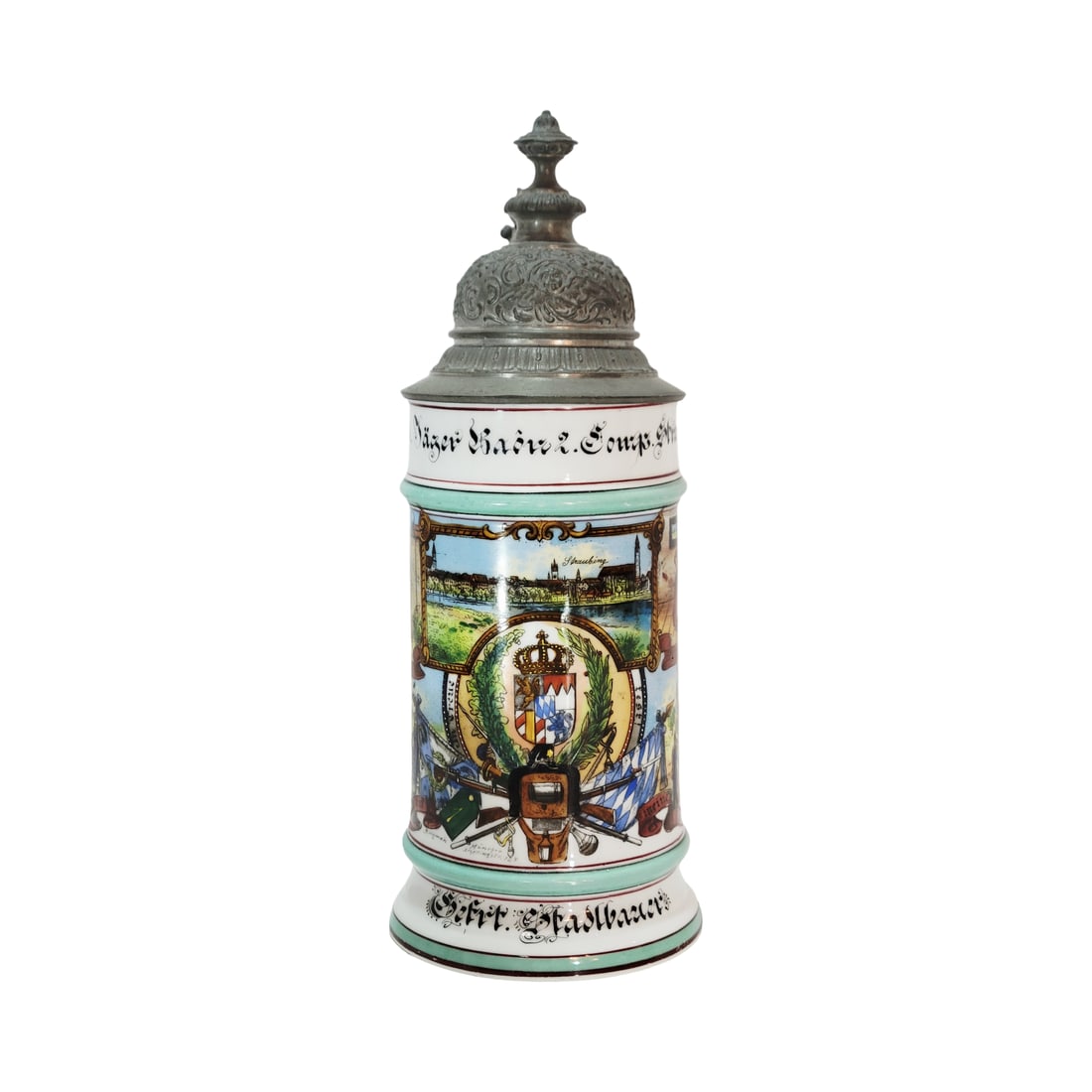 Porcelain Stein, German Regimental Beer Stein, Kgl. 1. Jager Baon 2. Comp. Straubing 1900 - 1902 (1 of 12)