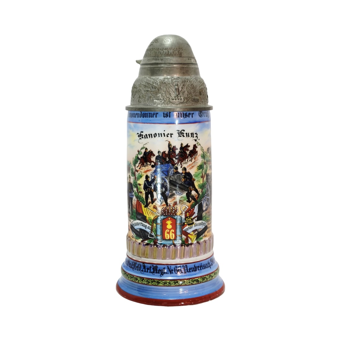 Porcelain Stein, German Regimental Beer Stein, 1. Batt. 4. Bad. Feld. Art. Regt. No. 66 Neubreisach: 1/2 Liter porcelain hand enameled, full roster with screw top pewter lid and lithophane, Owner Kanonier Kunz, circa 1907