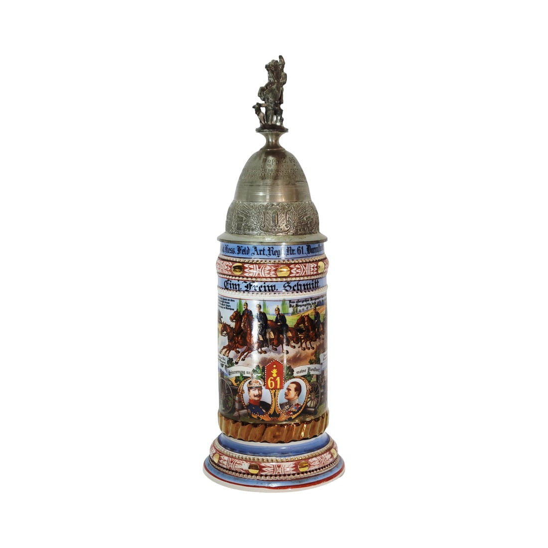 Porcelain Stein, German Regimental Beer Stein, 2. Battr. 2 Grolsh. Hess. Feld. Art. Regt. No. 61.: 1/2 Liter porcelain hand enameled, 5 panels, full roster with pewter lid and lithophane, Owner Finj. Freiw. Schmitt, circa 1912