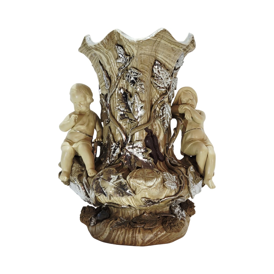 Villeroy & Boch Mettlach #289, German Vase, Early Ware Vase: 11.0" Tall marbled stoneware with applied vines and putti, platinum gilding, uncommon vase, circa 1850's