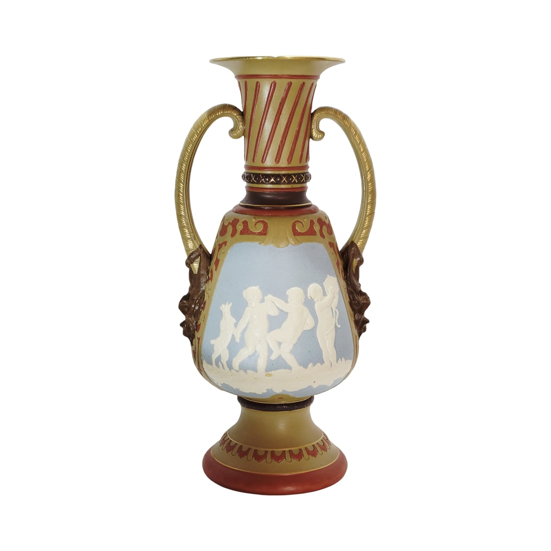 Villeroy & Boch Mettlach #2431, German Vase, Children Playing: 12.0" Tall pottery cameo and relief, signed by Johann Baptist Stahl, uncommon vase, circa 1898