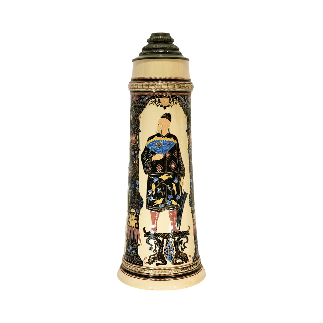 Adolf Diesinger #1437, German Beer Stein, Oriental Figures: 5 1/2 Liter pottery threaded relief on full color with very nice pewter lid, uncommon stein, circa early 1900