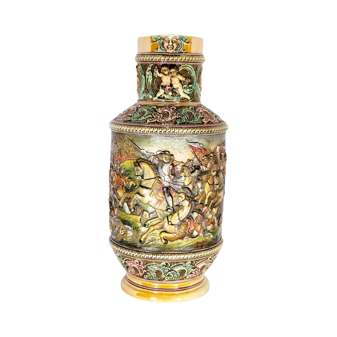 Adolf Diesinger #61, German Beer Stein, General Tilly: 8.0 Liter pottery in raised threaded relief in full color, very impressive huge stein, circa 1880's