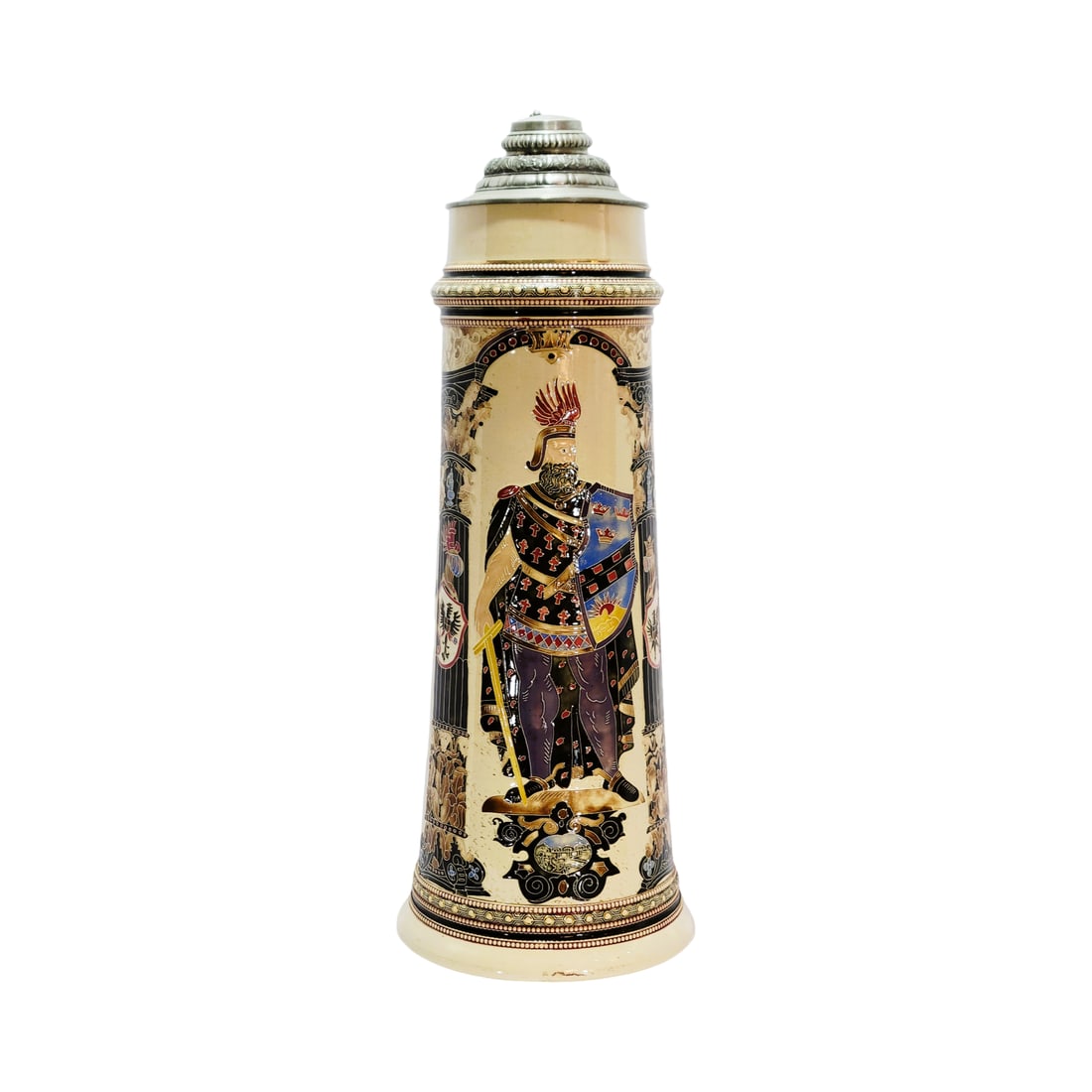 Adolf Diesinger #1435, German Beer Stein, Knight and Landsknechte: 5 1/2 Liter pottery threaded relief on full color with very nice pewter lid, uncommon stein, circa early 1900