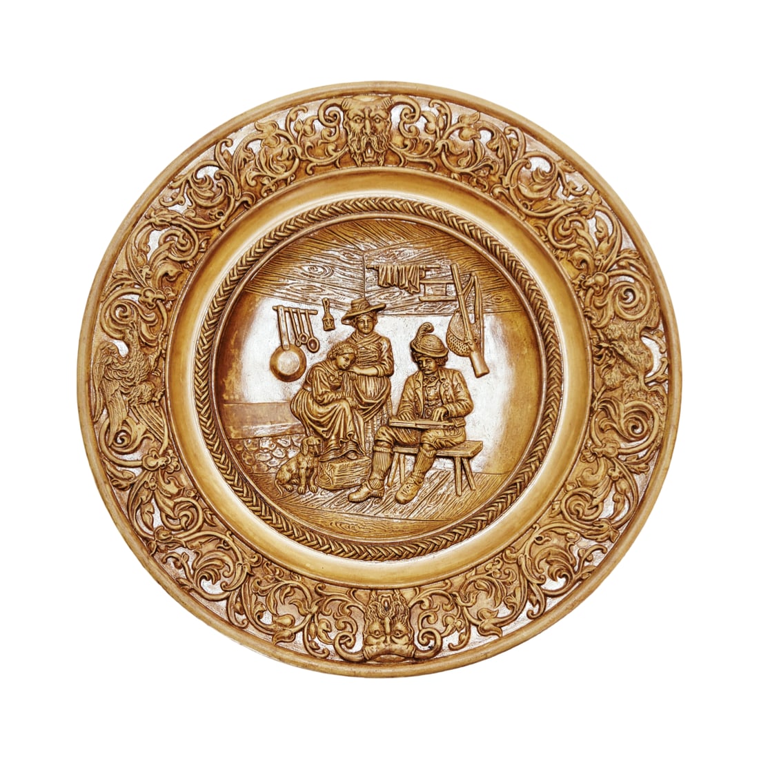 Johann Maresch #5158, Austrian Plaque, German Playing a Zither, Defregger Scene: 12 3/4" Diameter pottery in raised relief, very detailed family scene and border, circa late 1880's