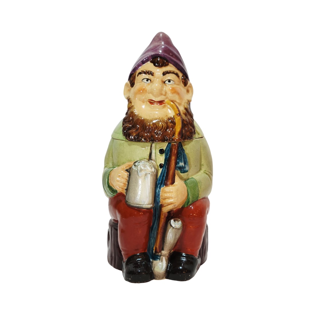 Rosskopf & Gerz #430, German Character Beer Stein, Gnome Smoking Holding a Beer: 1/2 Liter pottery hand painted with figural lid, circa 1901