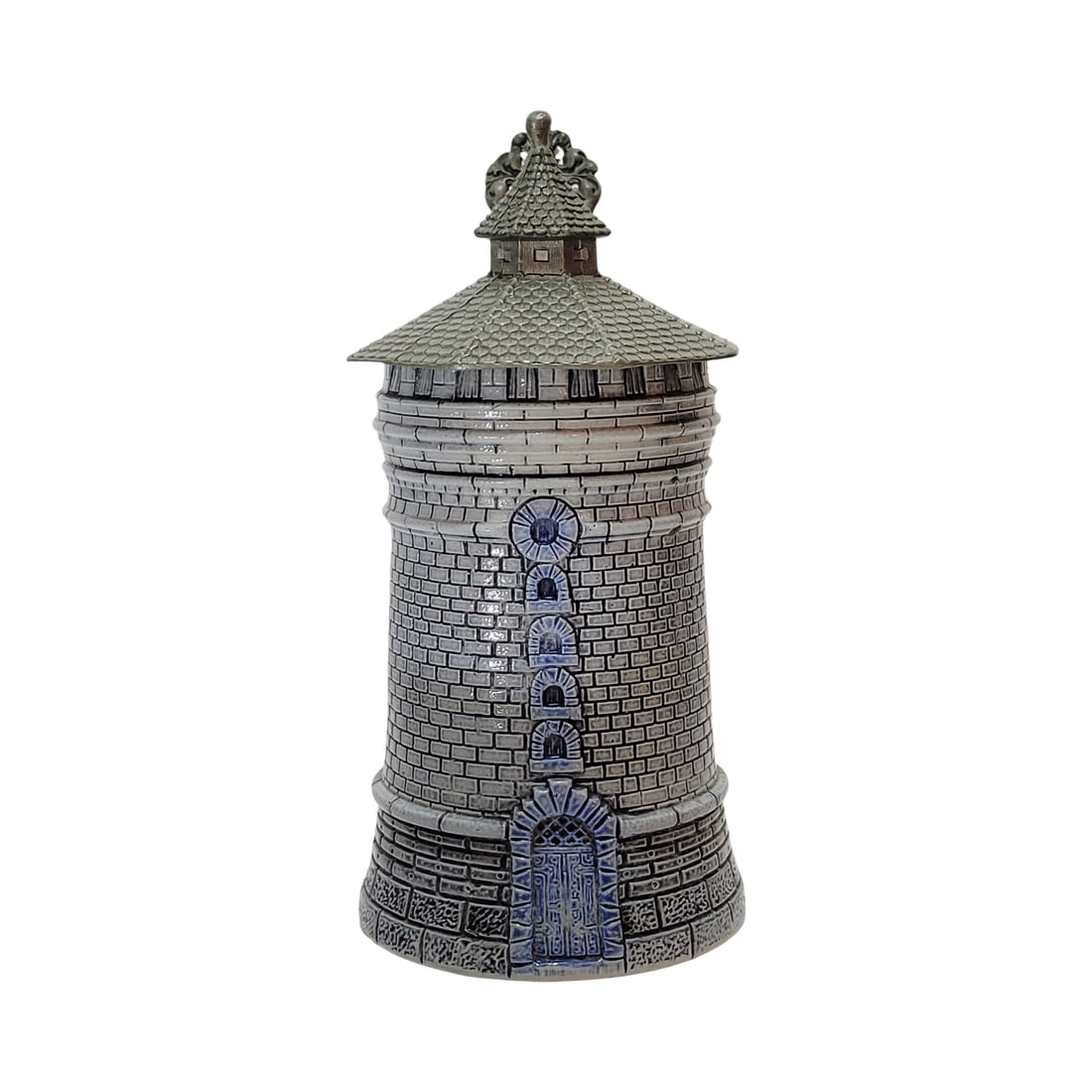 Hauber & Reuther for Theodor Wieseler, German Character Beer Stein, Nuremberg Tower: 1/2 Liter stoneware blue salt glaze with figural pewter lid, circa early 1900