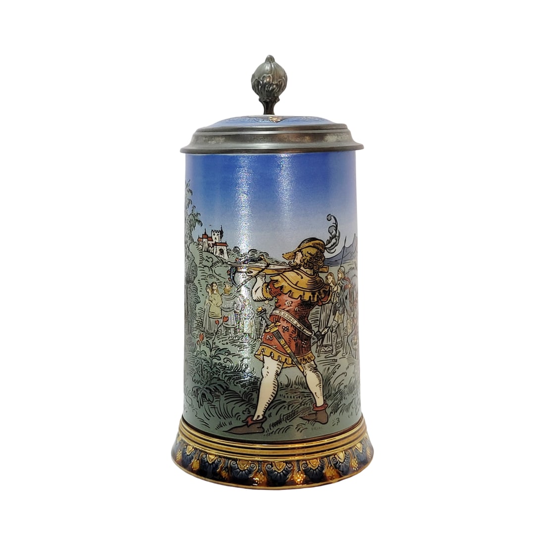 Villeroy & Boch Mettlach Stein #2082, German Beer Stein, William Tell Stein: 1/2 Liter pottery etched with etched pottery inlay lid, Text - King of the marksman, circa 1903