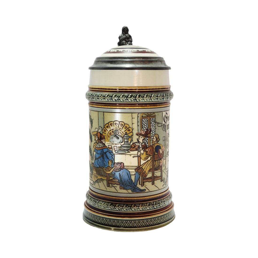Villeroy & Boch Mettlach Stein #2005, German Beer Stein, Old German Table Companions: 1/2 Liter pottery etched with etched pottery inlay lid, signed H.D., Text - To your health. To eat and drink well is better than to put on make-up, circa 1901