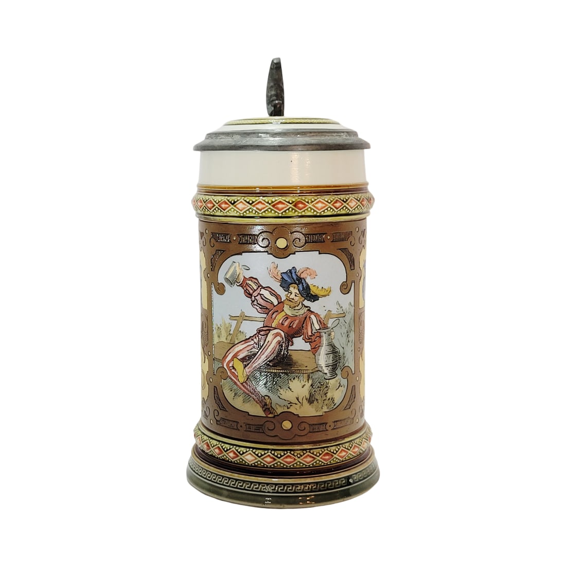 Villeroy & Boch Mettlach Stein #1796, German Beer Stein, Drinker: 1/2 Liter pottery etched with etched pottery inlay lid, signed by Christian Warth, circa 1887