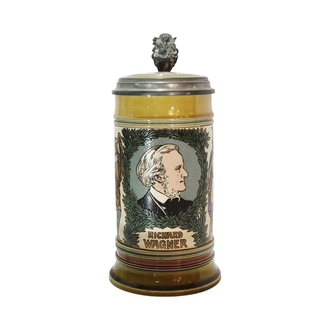 Villeroy & Boch Mettlach Stein #2798, German Beer Stein, Portrait of Richard Wagner: 1/2 Liter pottery etched with etched pottery inlay lid, Richard Wagner (1813-1883) is the acknowledged master of German opera, circa 1902