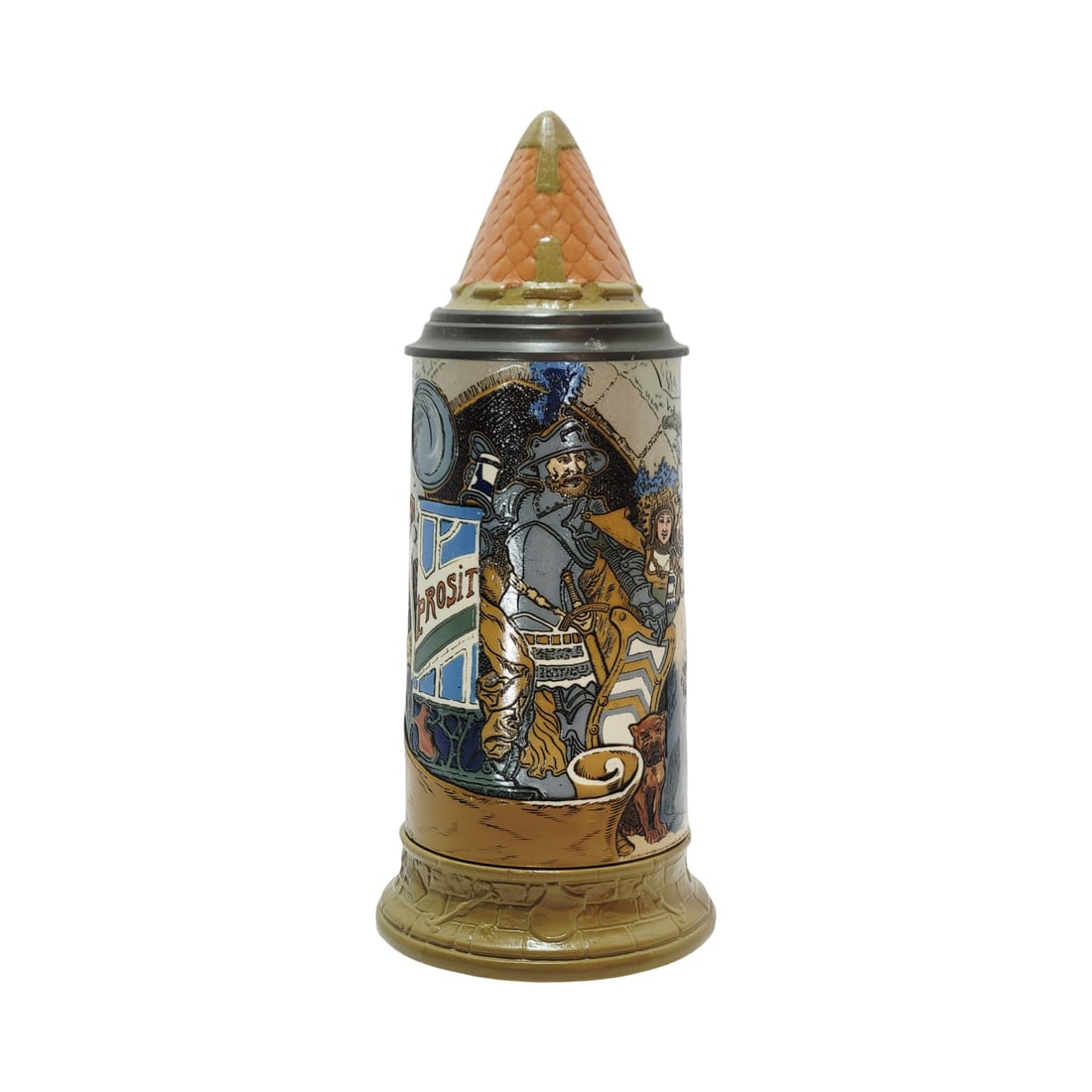 Villeroy & Boch Mettlach Stein #2583, German Beer Stein, Kannenburg - Made for Anhauser Busch of St.: 1/2 Liter pottery etched with pottery figural lid, signed by Heinrich Schlitt, circa 1903