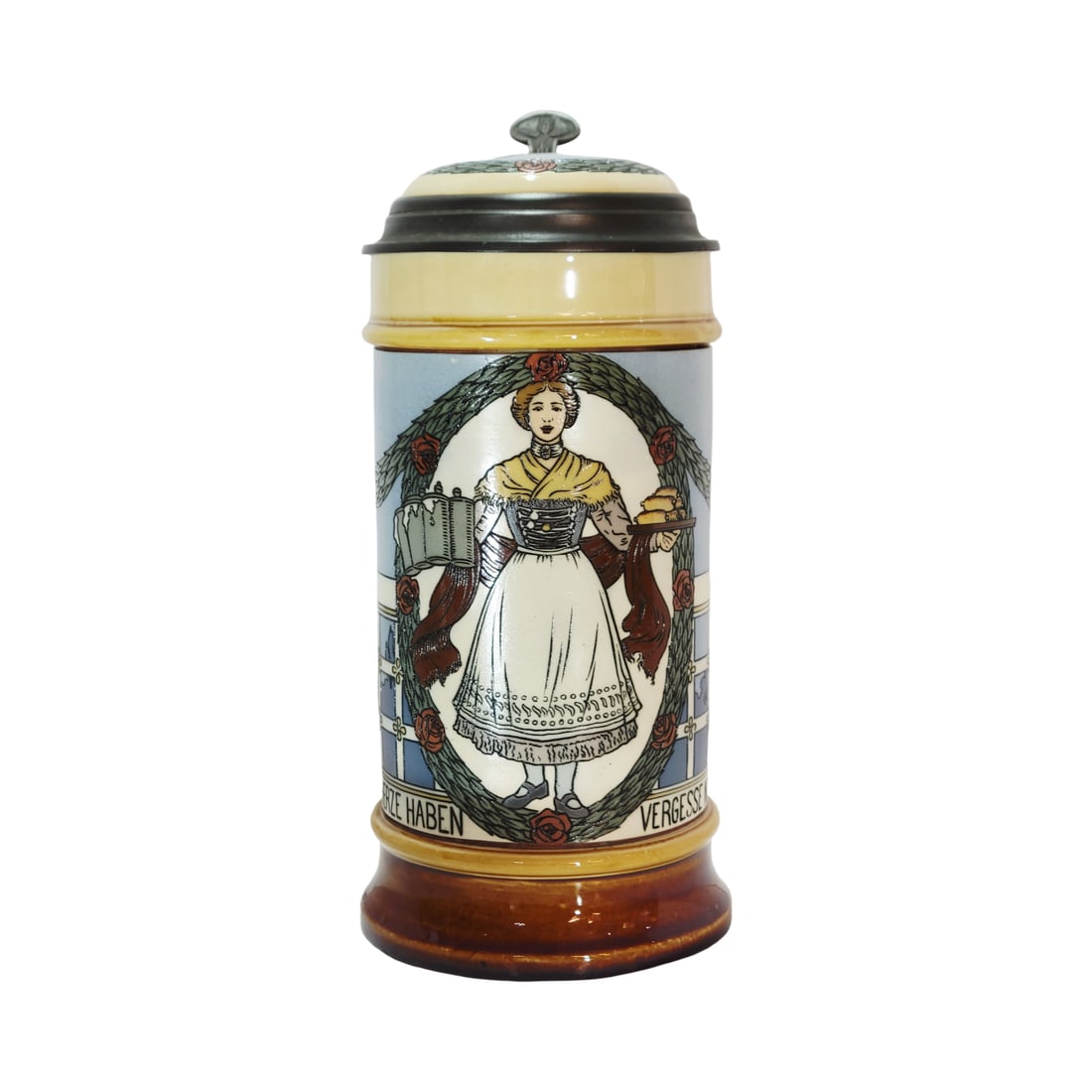 Villeroy & Boch Mettlach Stein #2939, German Beer Stein, Barmaid: 1.0 Liter pottery etched with etched pottery inlay lid, signed by Fritz Quidenus, Text - If you want to keep a young heart, never forget to nourish it, circa 1904