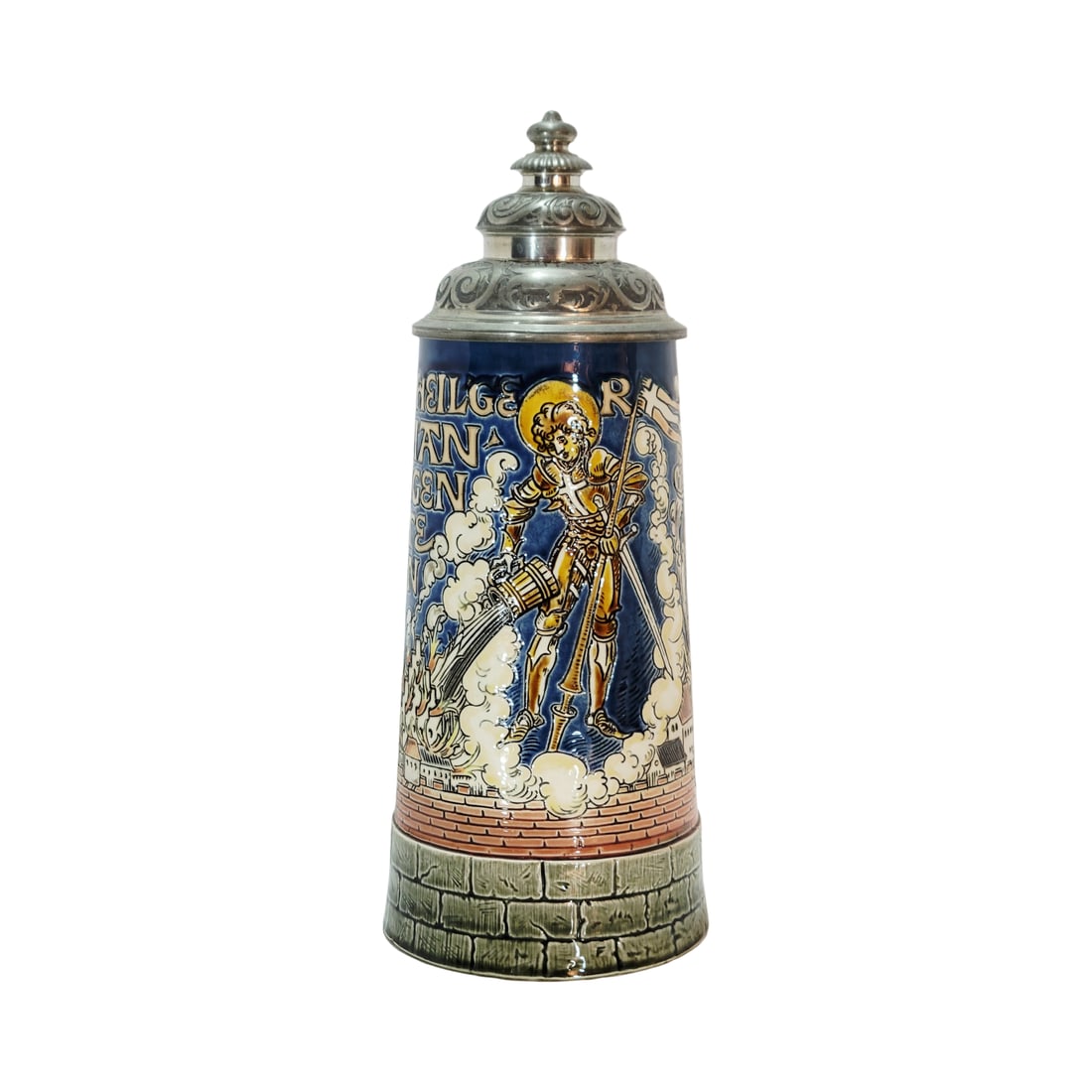 Villeroy & Boch Mettlach Stein #1786, German Beer Stein, St. Florian: 1.0 Liter pottery etched and glazed with pewter lid, uncommon with this lid, design attributed to Otto Hupp, Text - Help thou Holy Florian, we begin the second extinguishing, circa 1895