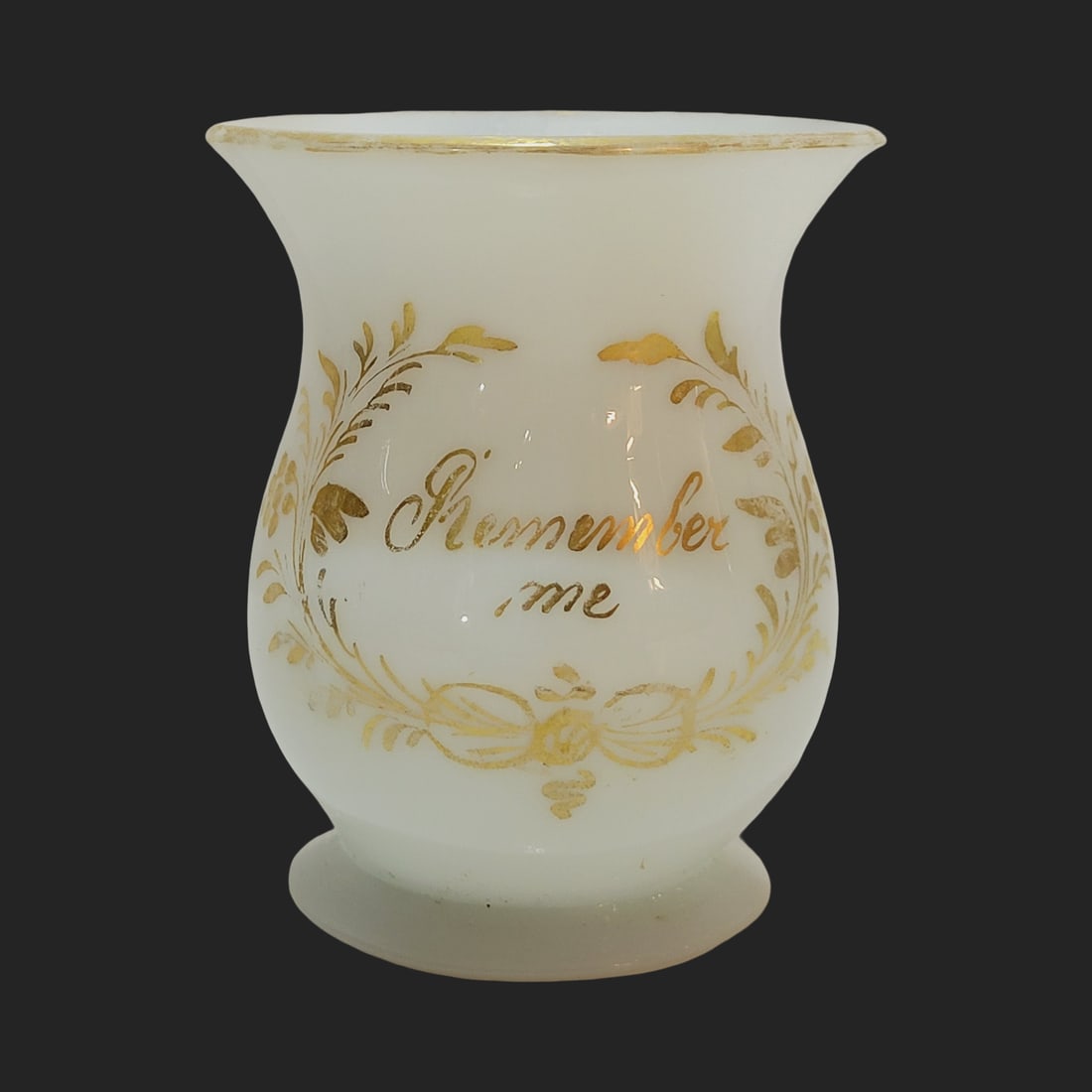Antique Milk Glass Cup, Bohemian Cup, Remember Me Cup: 3 3/8" Tall by 2 7/8" Wide hand blown bulbous and flared milk glass, hand gold enameling of florals and rim, has an applied base foot and pontil, circa early 1800's