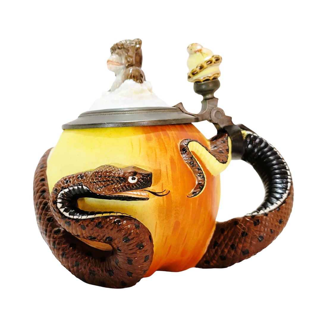 Ernst Bohne & Sohne #2032, German Character Beer Stein, Apple and Snake: 0.5 Liter porcelain hand painted with hand painted figural porcelain lid, this stein is a rare variation with both an apple and snake thumblift, and a monkey lid inlay, the monkey being a universal sy