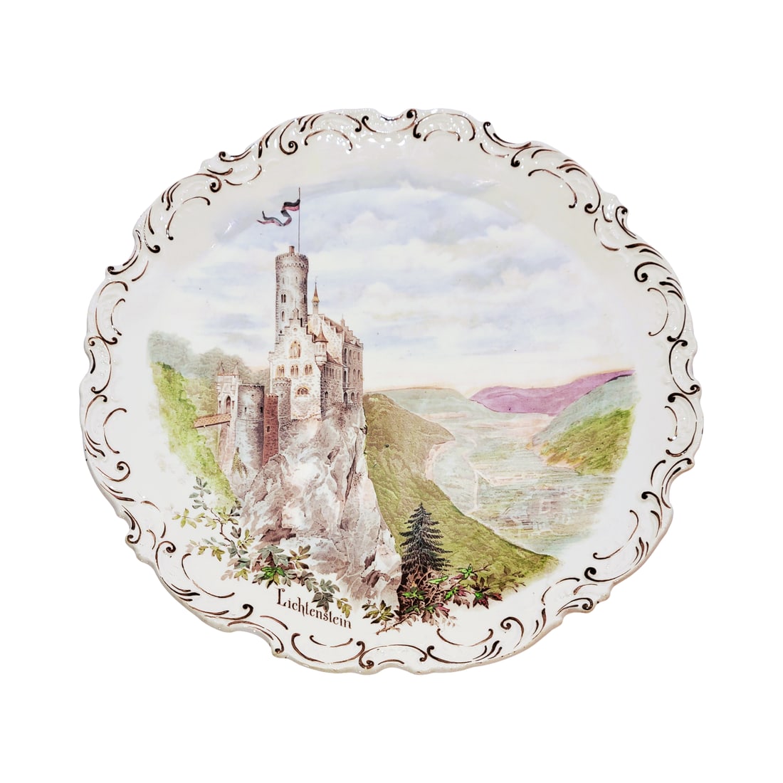 Villeroy & Boch Wallerfangen #22, German Plaque, View of Lichtenstein: 14 3/4" Diameter pottery print under glaze with scalloped sides, uncommon plaque, circa late 1890's