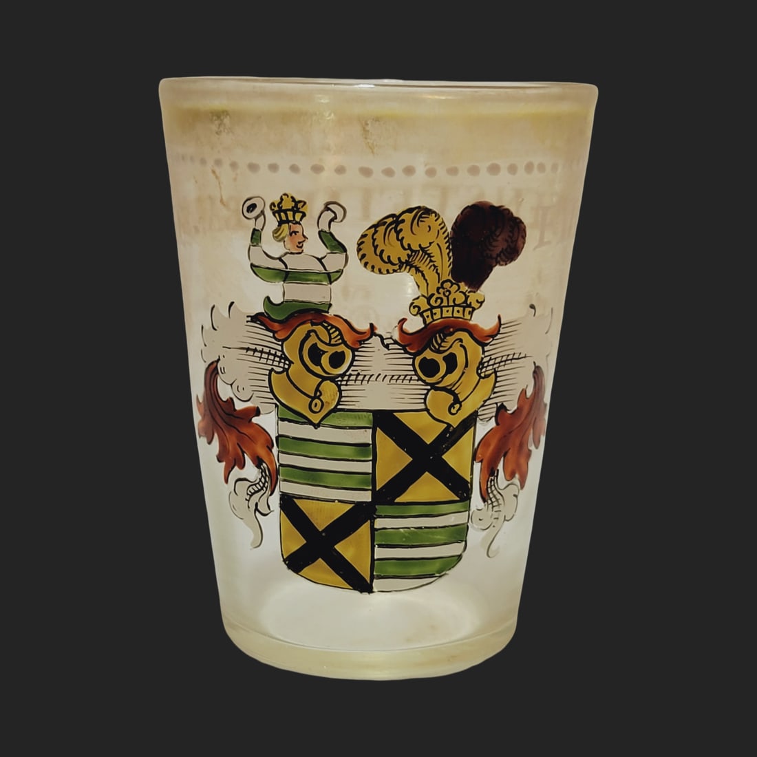 Fritz Heckert Glass, German Beaker, Dual Armorial Crested Beaker - dated 1673: 3 1/4" Tall by 2 1/2" Wide hand blown colorless glass, hand enameled with gold gilding around the rim and mosaic enameling on the back, circa 1890