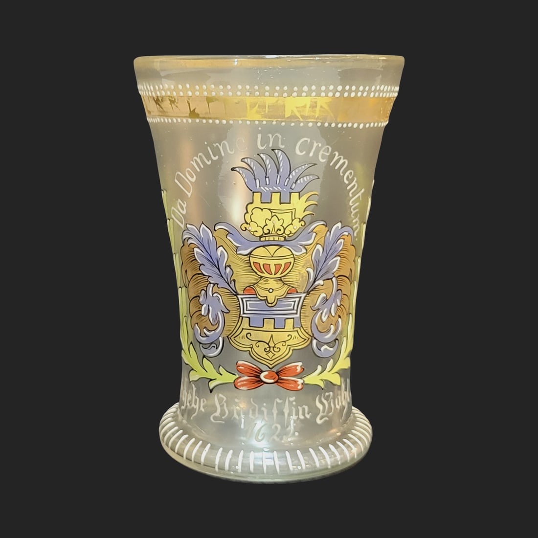 Fritz Heckert Glass, German Beaker, Family Armorial Crested Beaker - Dated 1625: 6.0 Tall by 4.0" Wide hand blown colorless glass with bubbles, hand enameled with gold gilding between horizontal rows of white enameled dots at the rim, base flared with vertical white strips, kicked
