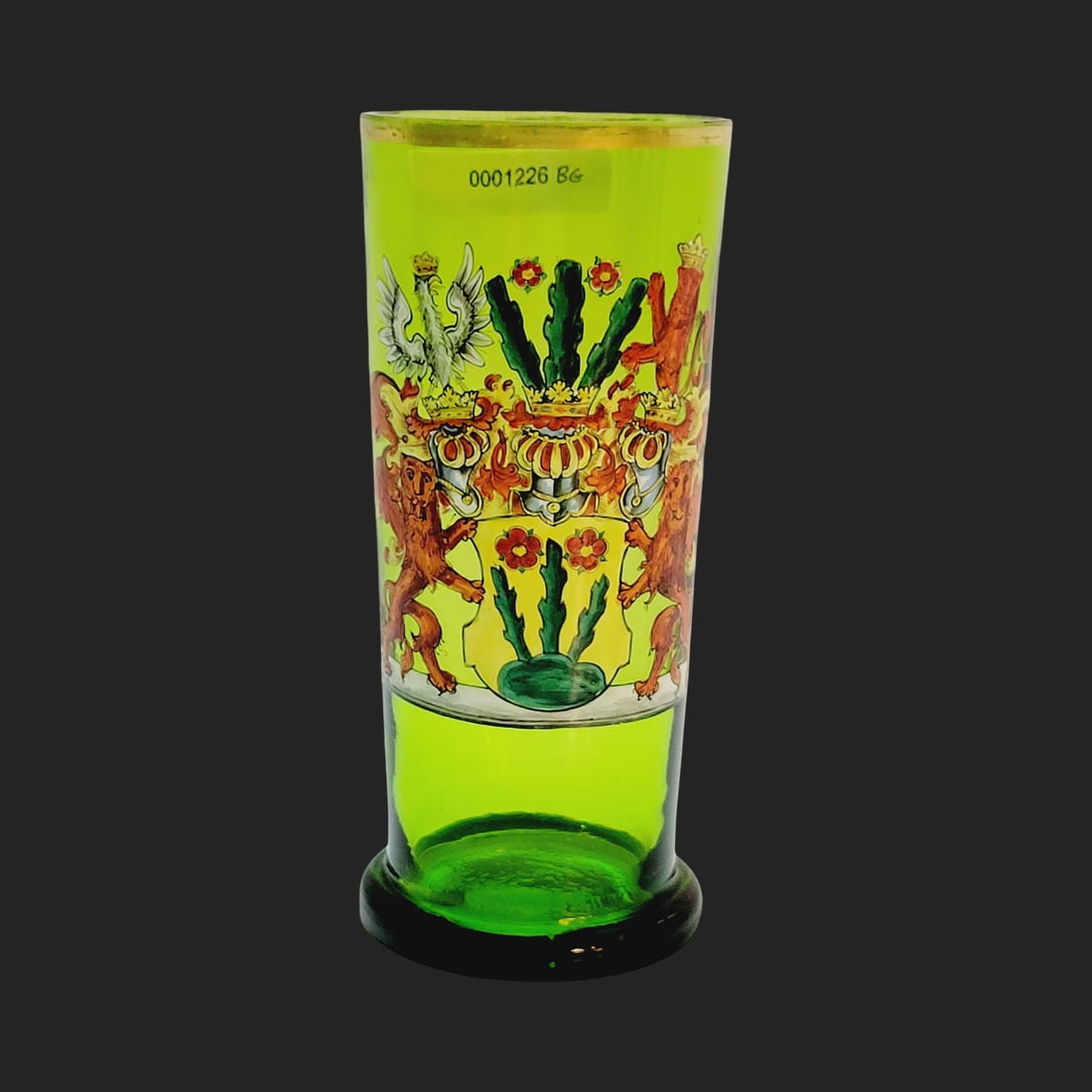 Glass Beaker, German Beaker, Triple Armorial Crested Beaker: 6.0" Tall by 2 5/8" Wide hand blown green glass with bubbles, very nice hand enameling with applied base, gilded rim, circa late 1800's