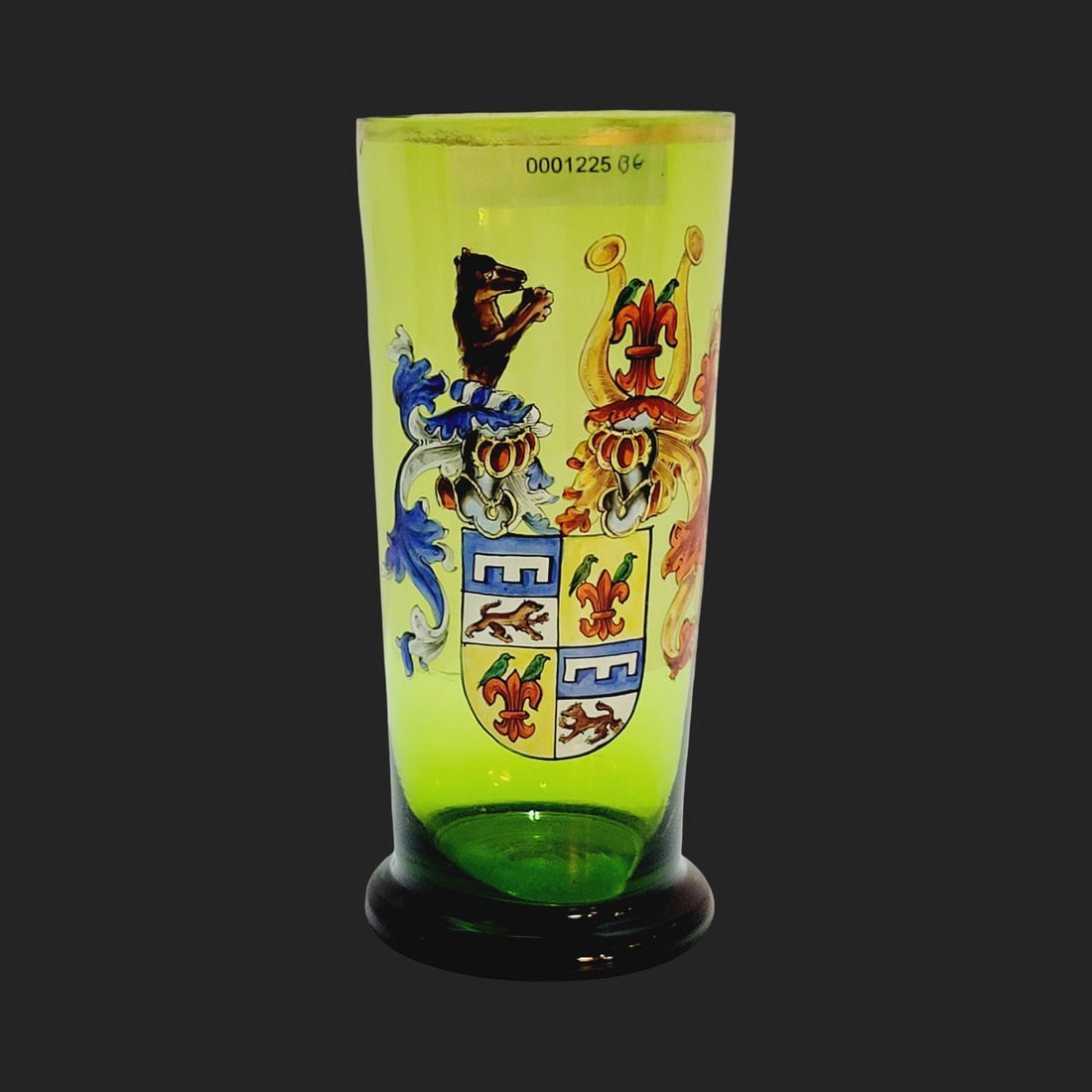 Glass Beaker, German Beaker, Dual Armorial Crested Beaker: 6.0" Tall by 2 5/8" Wide hand blown green glass, very nice hand enameling with applied base and partial polished pontil, gilded rim, circa late 1800's