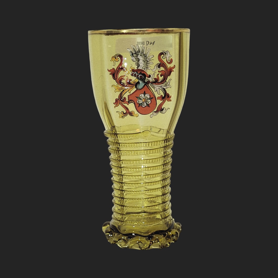 Theresienthal Glass, German Beaker, Armorial Crested Footed Beaker: 7.0" Tall by 3 1/4" Wide octagonal mold blown amber green glass, hand enameled with gold gilded rim, notched ribbing and applied scalloped along the base, very nice piece, circa 1880's