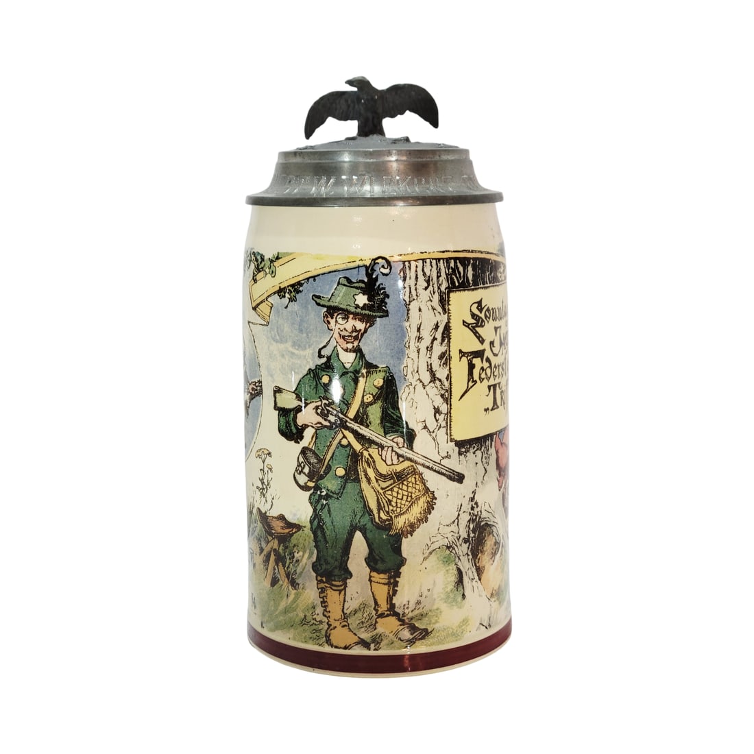 Villeroy & Boch Mettlach Stein #1909/1073, German Beer Stein, Sunday Hunter with Saying: 1/2 Liter pottery print under glaze with nice engraved pewter lid, signed by Heinrich Schlitt, Text - Sunday morning in the woods comes the hunter, but weapon?s thrust and rifle do not hit anything, c