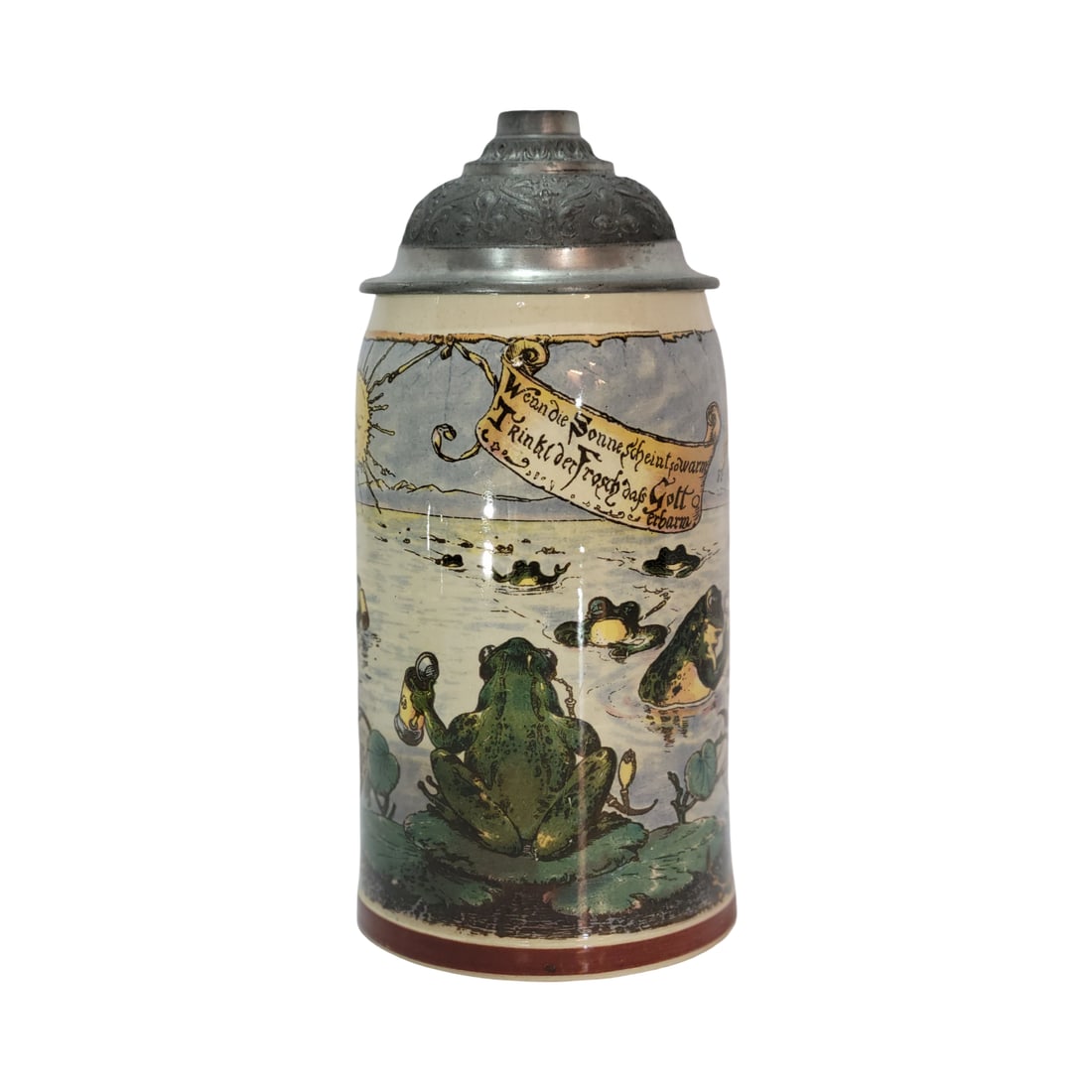 Villeroy & Boch Mettlach Stein #1909/1038, German Beer Stein, Frogs at the Lake: 1/2 Liter pottery print under glaze with nice pewter lid, signed by Heinrich Schlitt, Text - When the sun shines so warm, the frog drinks too much, may God help him, circa 1900