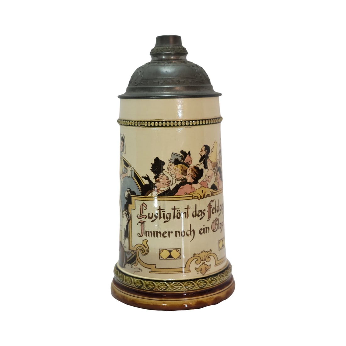 Villeroy & Boch Mettlach Stein #2271/1020, German Beer Stein, Barmaid Serving Crowd: 1/2 Liter pottery print under glaze with nice pewter lid, signed by C.K., Text - Merry sounds screaming from the field, keep bringing another glass!, circa 1899