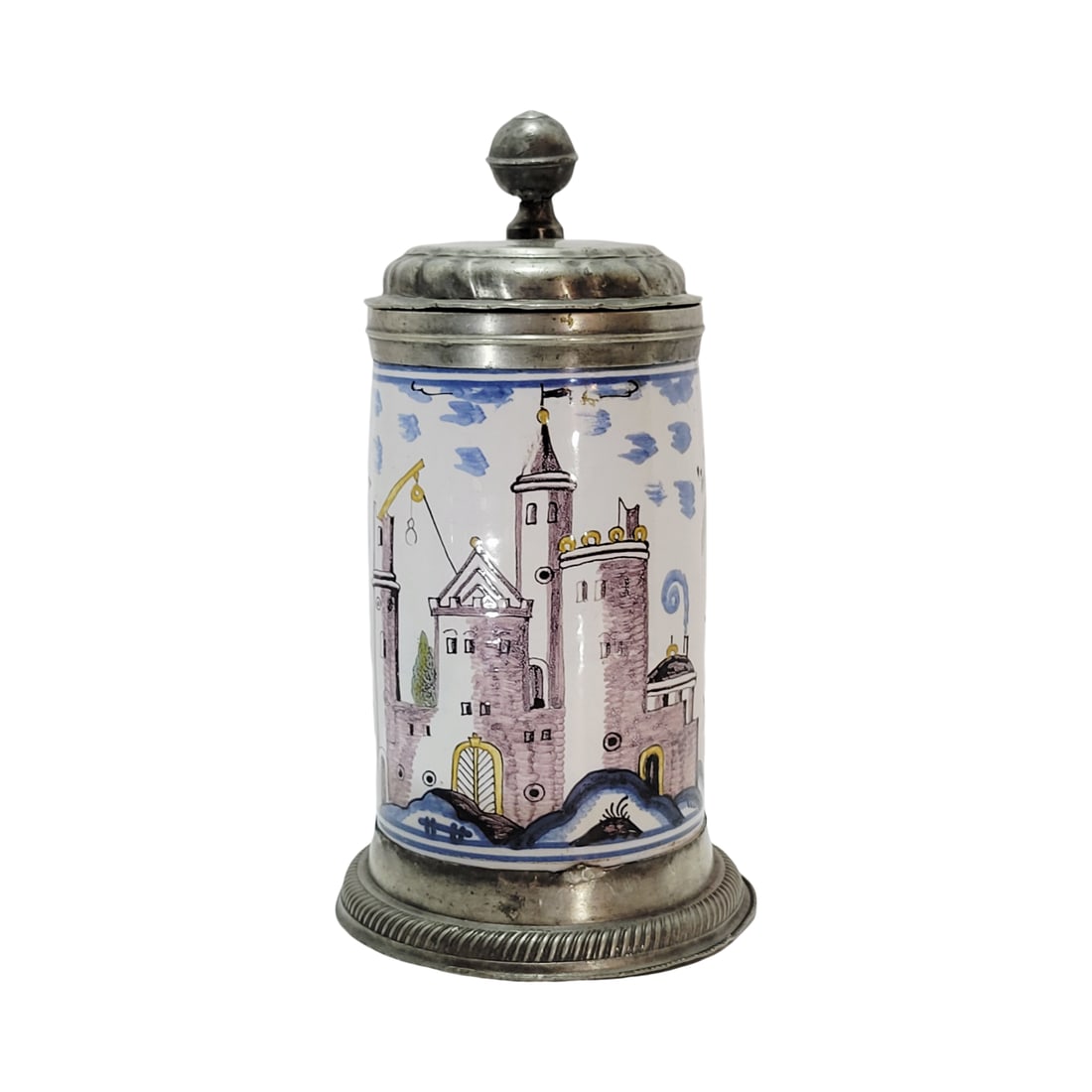 Bayreuth Stein, Southern Germany Beer Stein, Castle Scene: 1.0 Liter earthenware with white tin oxide glaze and manganese, cobalt, green blue and yellow decorative additions, nice engraved pewter lid with rim ring and foot ring, circa mid 1700's