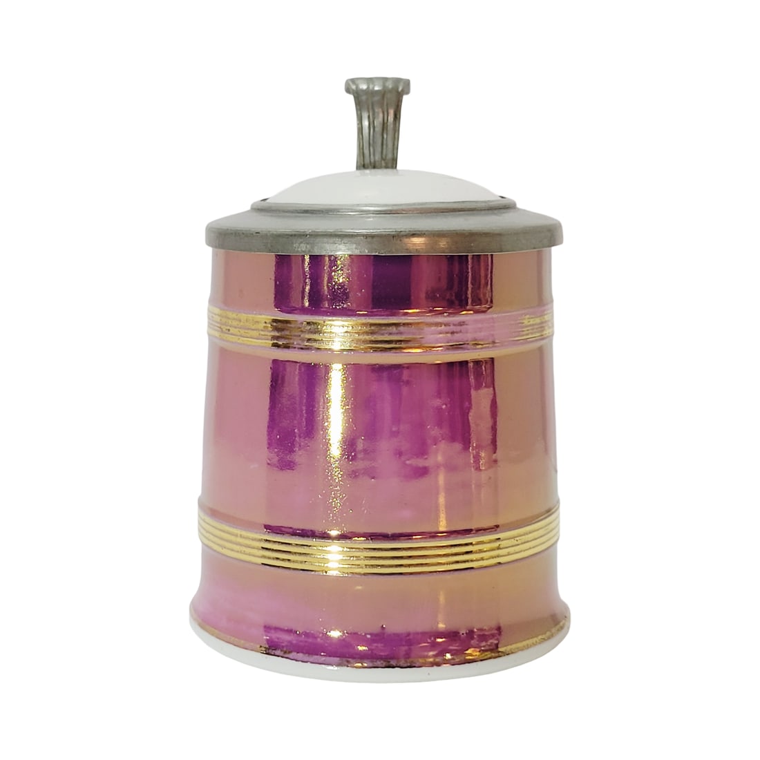 Porcelain Stein, German Beer Stein, Memorial Stein: 1/4 Liter porcelain hand glazed in translucent purple with gold gilded ribbing, hand painted porcelain inlay lid, circa late 1800's
