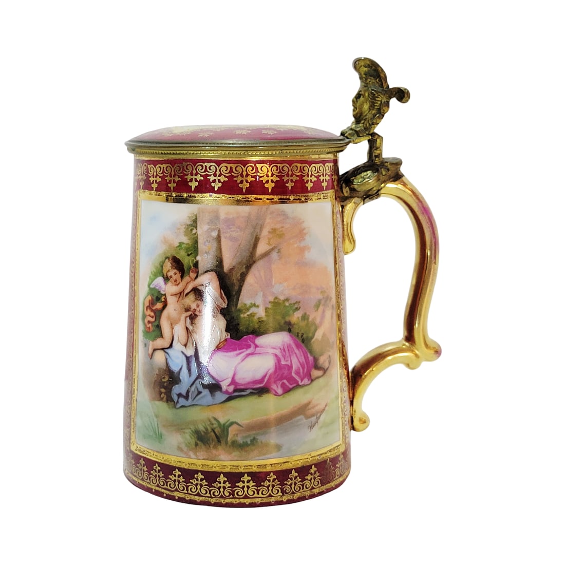 Porcelain Stein, German Beer Stein, Women and Cherub: 1/2 Liter porcelain hand painted with gold gilded borders and gold drapery, hand painted porcelain inlay lid on both sides, Royal Vienna type signed by Angelica Kaufmann, circa late 1800's