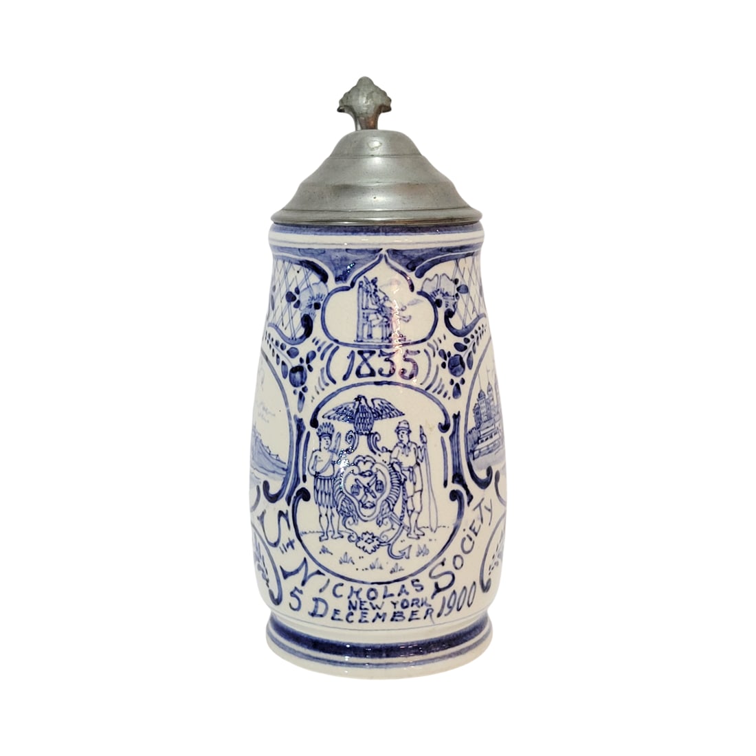 Porcelain Stein, Holland Beer Stein, St Nicholas Society 5 December 1900: 1/2 Liter porcelain hand painted delft bulbous body with foot and nice pewter lid, circa 1900