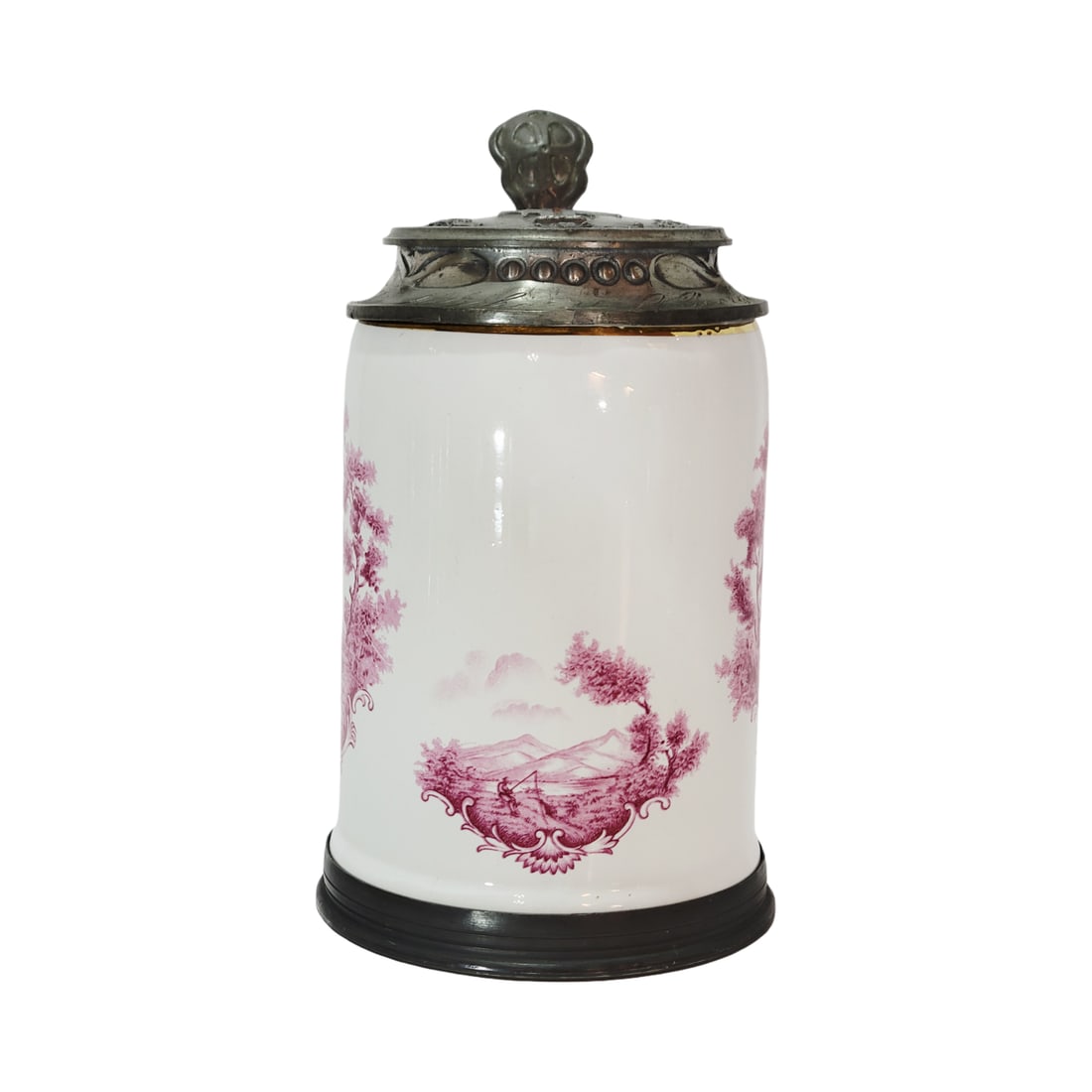 Glazed Stein, German Beer Stein, Man Fishing in the Country: 0.5 Liter pottery with white glazing and purplish pink transfer with gold rim gilding and flared base with pewter base ring, very nice engraved pewter lid featuring the 4F gymnastic logo, circa 1900's