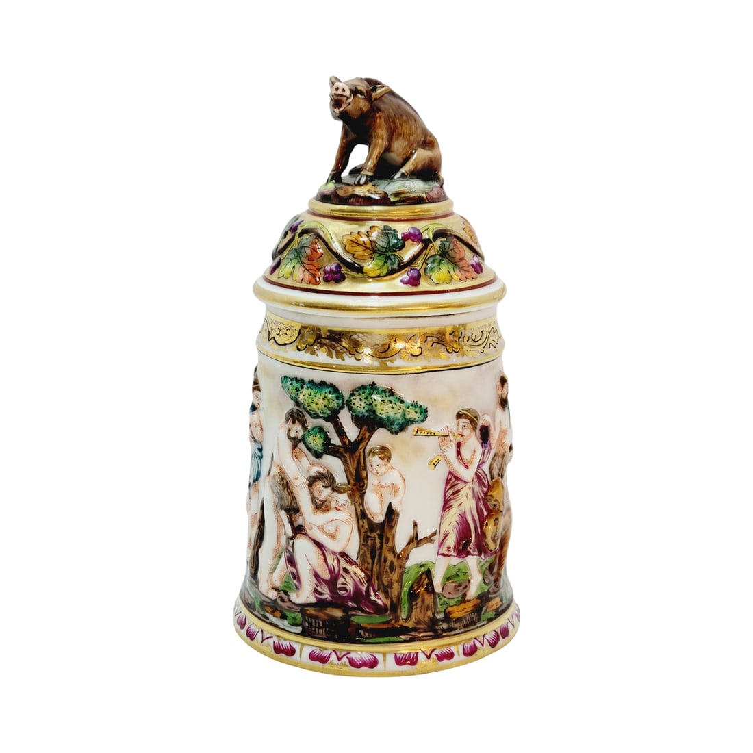 Ernst Bohne & Sohne Stein, German Beer Stein, Capodimonte Style Stein Bacchanalia Theme: 1/2 Liter porcelain in raised relief, hand painted in rich colors, very nice handle painted with vines, very nice hand painted porcelain figural set on lid in relief with a boar finial, circa early 19