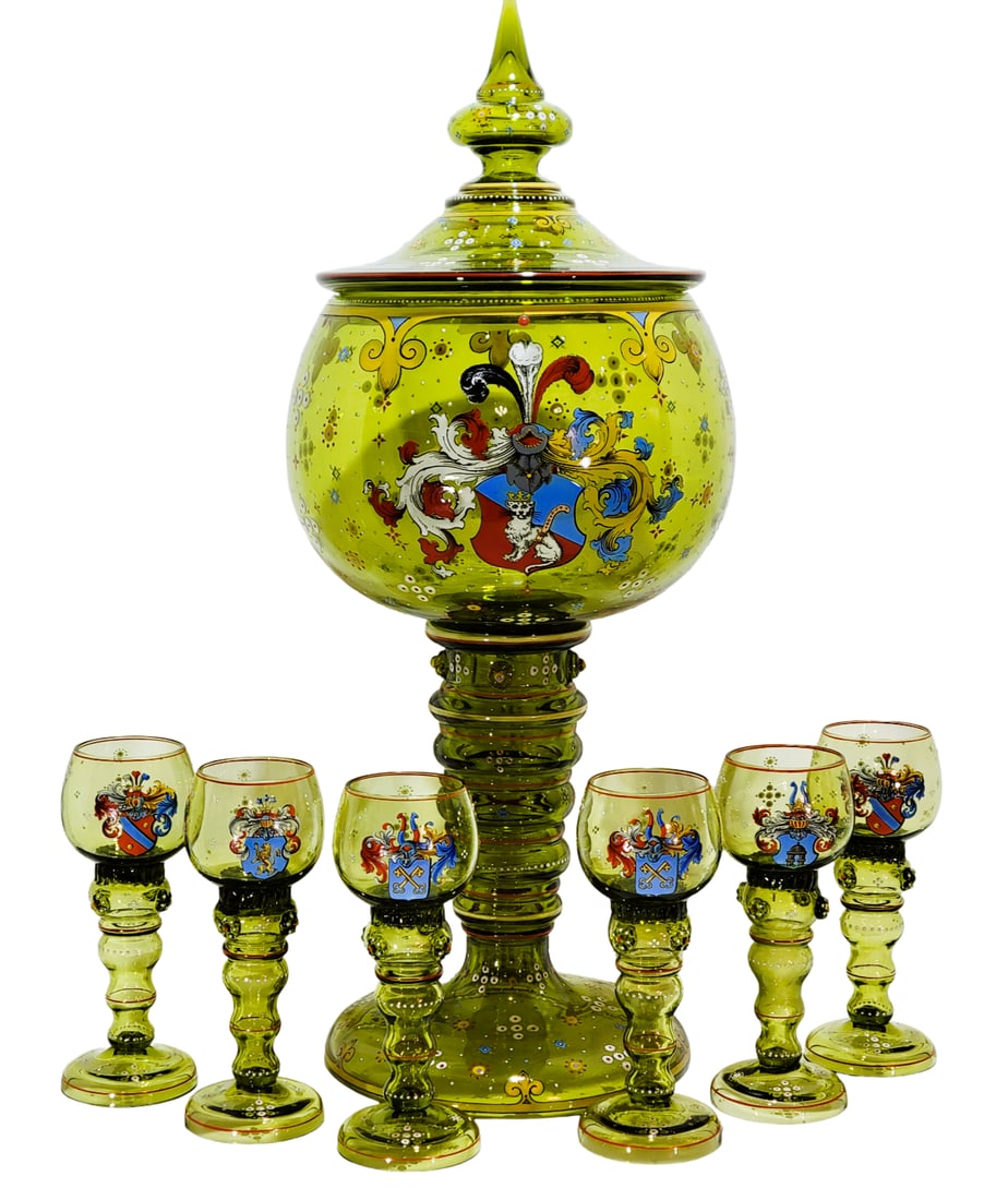 Theresienthal Punch Bowl Set, German Punch Bowl, Armorial Crested Roemer Punch Bowl: Blown antique green glass, colorful hand enameled armorial crests, fleur-des-lies borders and florals. Punch Bowl is 23.0" Tall by 9 1/2" Wide in Roemer style with applied flare blown base with 6 ribs