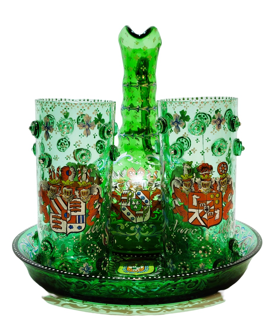 Fritz Heckert Water Set, German Water Set, Triple Family Armorial Crest Water Set: Blown green glass with bubbles, hand enameled with colorful florals and mosaics. Pitcher is 10.0" Tall by 6.0" Wide bulbous blown green glass with ribbed narrow neck, base has polished pontil, dated 1