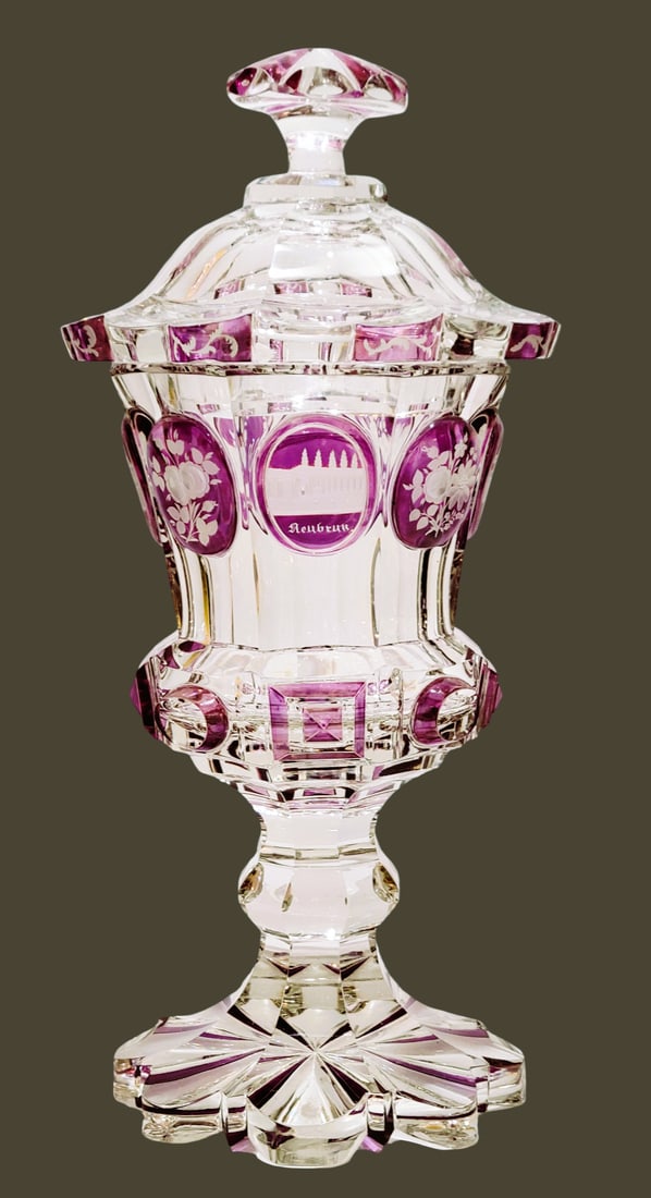 Freiderich Egermann Pokal, Bohemian Pokal, Spa Pokal: 12 1/2" Tall by 6.0" Wide clear colorless glass with purple staining with engraved initials A.P., the entire piece started with 8 facet cuts, the tapered bowl has stained and wheel engraved medallions