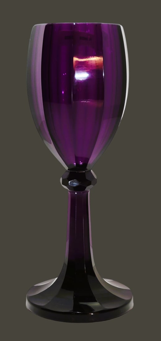 Wine Glass Bohemian Wine Glass, Large Amythyst Wine Glass: 10 1/2" Tall by 4 1/4" Wide heavy blown Amythyst glass, 10 facets with beveled rim on bulbous bowl to a heavily cut rib, 10 facets make up the stem to the flared beveled rim base with a polished ponti