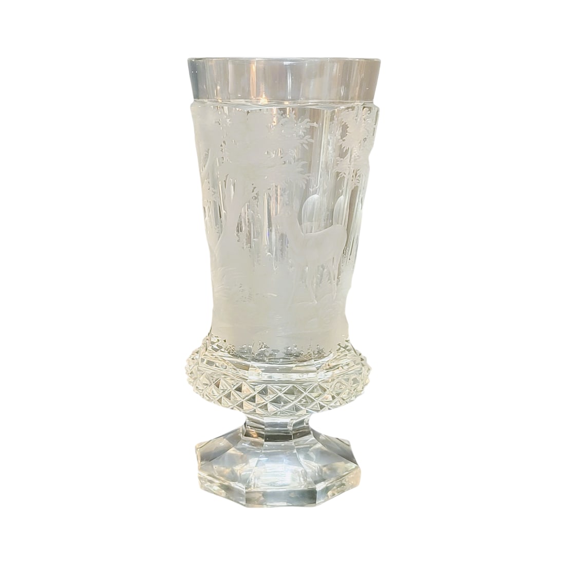 Tiefschliff Glass, Bohemian Glass, Stags in the Forest Glass: 7 1/8" Tall by 3 1/8" Wide heavy blown colorless glass with minor bubbles, polished beveled rim above a tapered to flared 8 faceted bowl, excellent heavily wheel cut scenery the entire circumference o