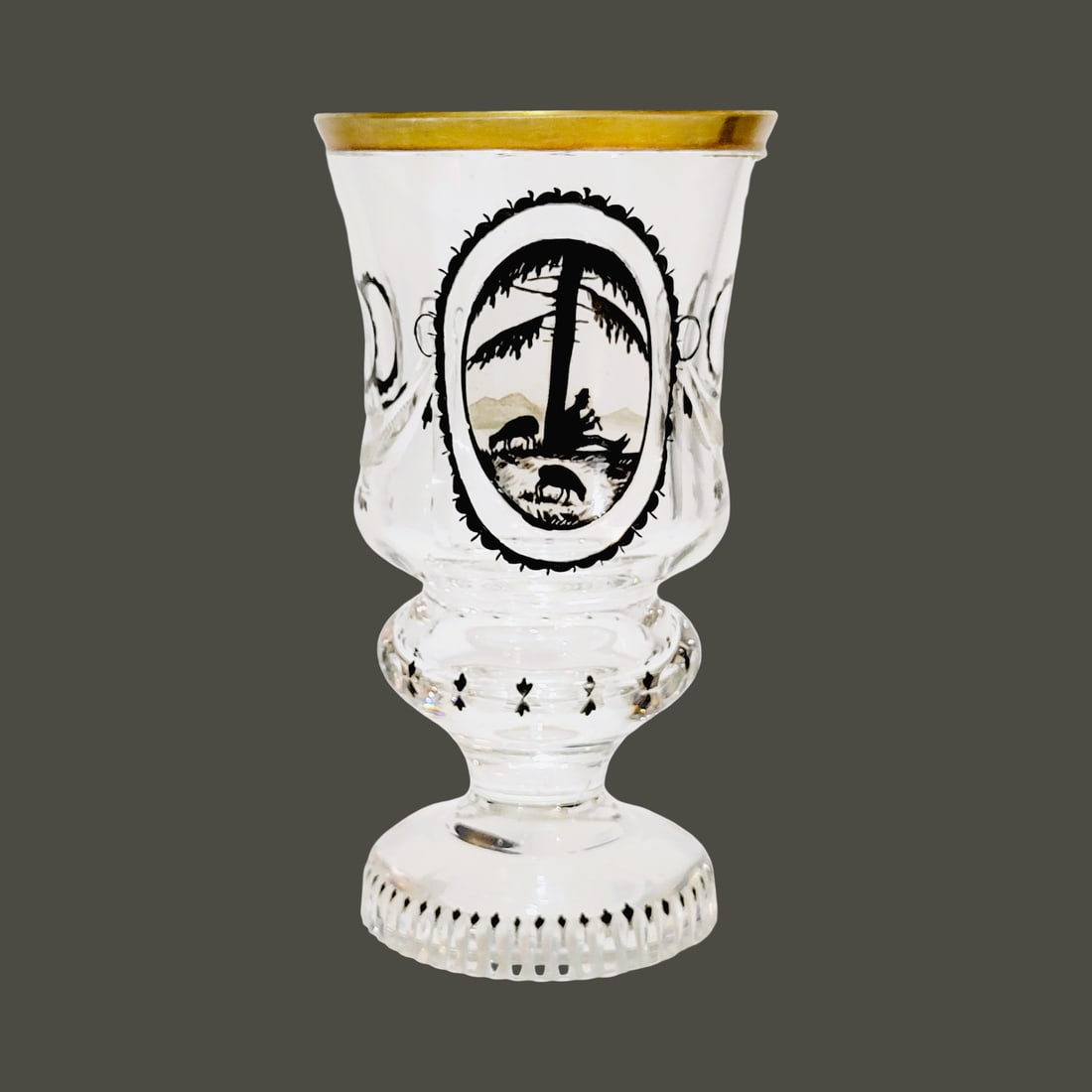 Silhouette Glass, Bohemian Glass, Portrait Glass,: 6 3/4" Tall by 3 3/4" Wide heavy blown colorless glass with a few impurities, incised cut gold gilded flared rim above wheel cut drapery between very fine diamond cutting, hand enameling in black and 
