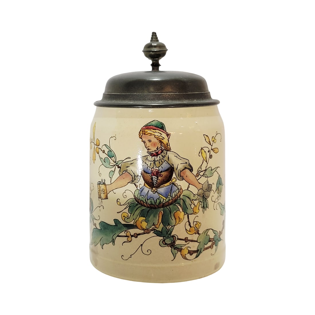 Villeroy & Boch Mettlach Stein #1526/586, German Beer Stein, Barmaid Stein: 1/2 Liter pottery print under glaze with pewter lid, Text - With beer, radish, bread, nothing else is needed!, circa early late 1880's