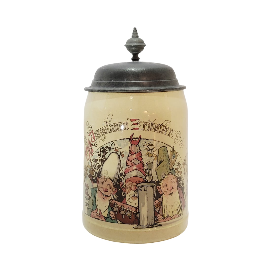Villeroy & Boch Meetlach Stein #1909/673, German Beer Stein, Gnomes in the Golden Age: 1/2 Liter pottery print under glaze with pewter lid, Text - In the golden age, circa 1890
