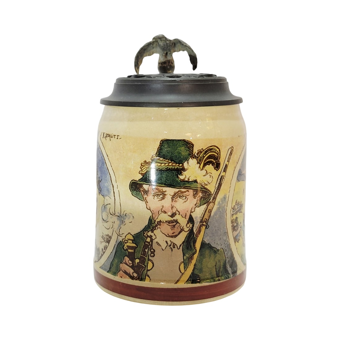 Villeroy & Boch Mettlach Stein #1526/1076, German Beer Stein, Tyrolean Marksman: 1/2 Liter pottery print under glaze with pewter lid, signed by Heinrich Schlitt, Text - Train eye and hand for the Fatherland, circa 1900